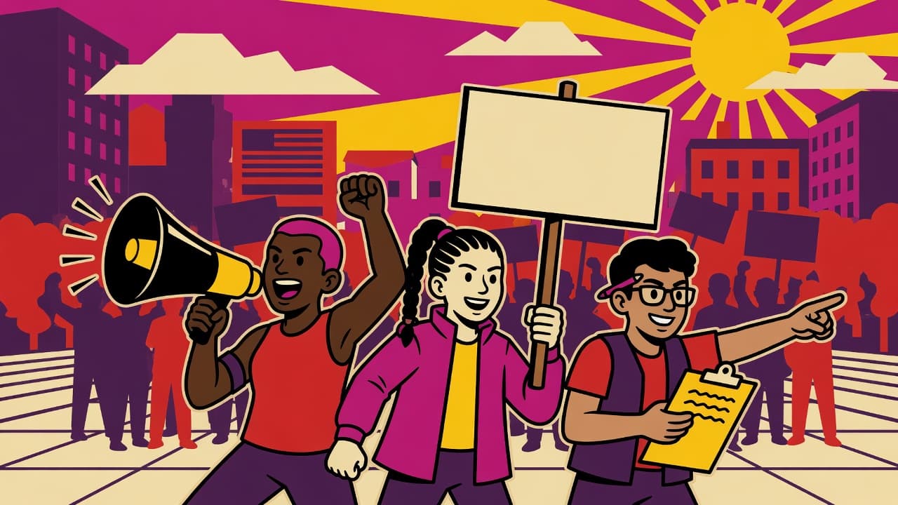 Stylized rally illustration in campaign-poster colors